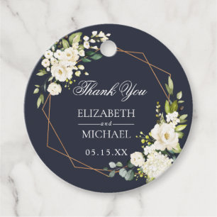 Étiquettes Cadeau Mariage floral blanc blanc bleu cuivré géométrique