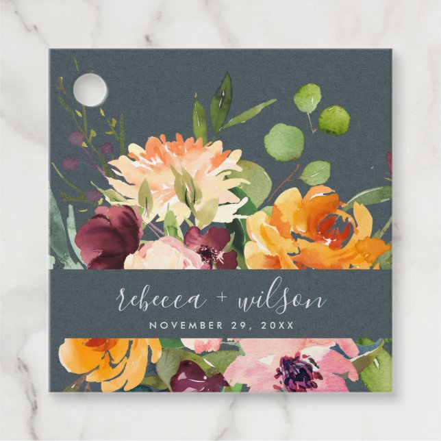 ÉTIQUETTES CADEAU MARIAGE FLORAL BLANC BLEU JAUNE ORANGE (Devant)