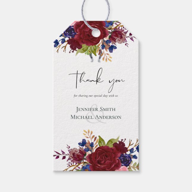 Étiquettes-cadeau Mariage Floral bleu Bourgogne rustique (Devant)