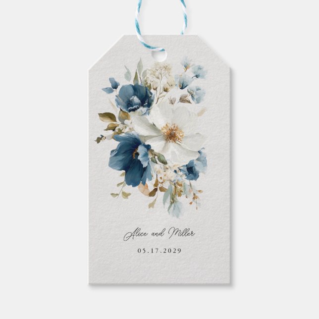 Étiquettes-cadeau Mariage floral bleu et blanc (Devant)