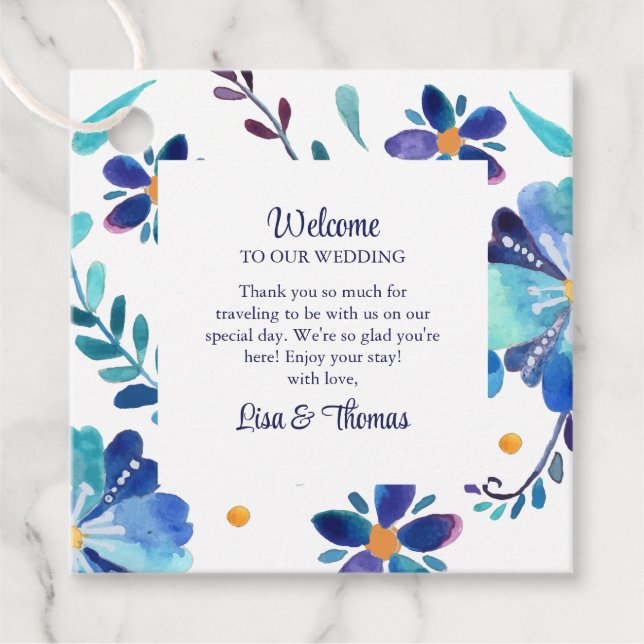 Étiquettes Cadeau Mariage Floral bleu et blanc (Devant)