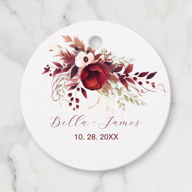 Étiquettes Cadeau Mariage floral de Bourgogne rouge (Devant)