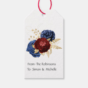 Étiquettes-cadeau Mariage floral Navy, Rouge et Or