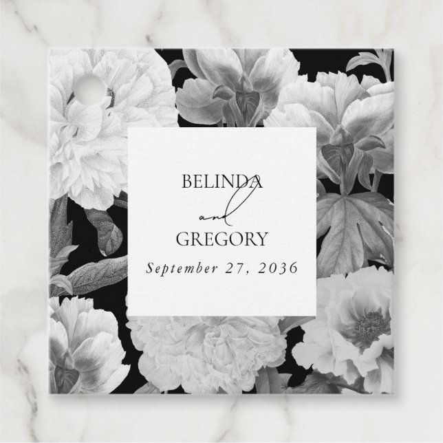 Étiquettes Cadeau Mariage floral noir et blanc Peonies d'aquarelle (Devant)