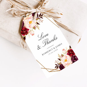 Étiquettes-cadeau mariage géométrique à fleurs rouges bordeaux