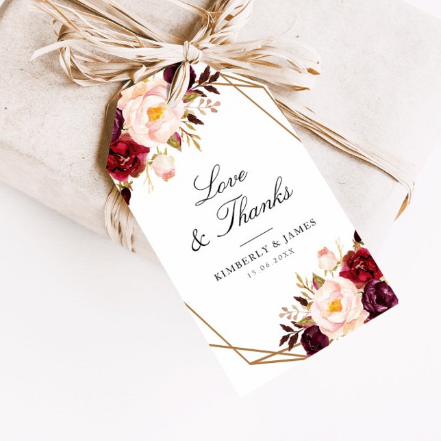 Étiquettes-cadeau mariage géométrique à fleurs rouges bordeaux (Créateur téléchargé)