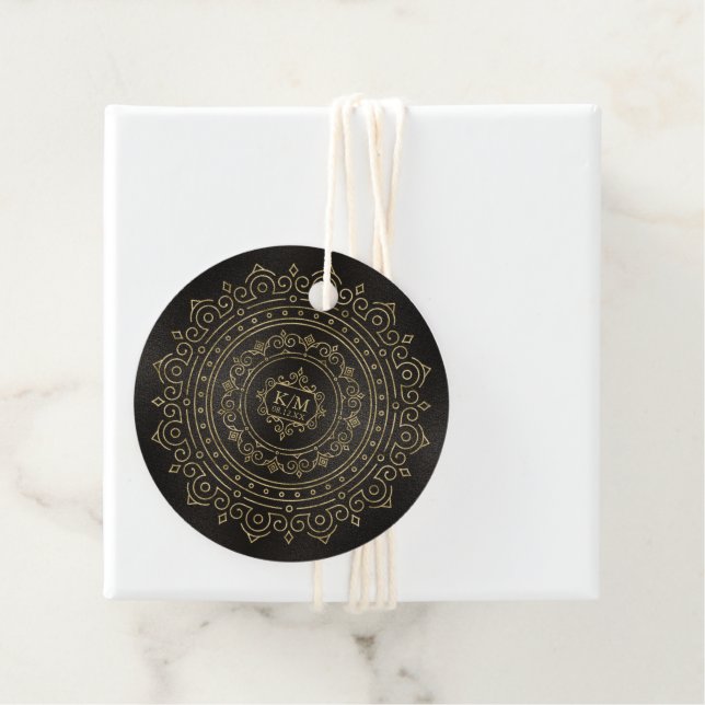 Étiquettes Cadeau Mariage Gold Filigree fin Mandala ID871 (En situation)