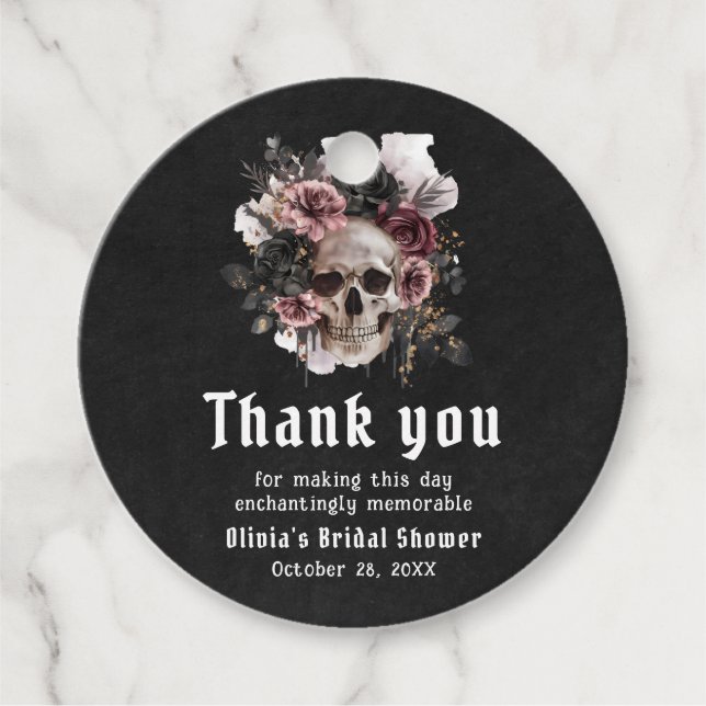 Étiquettes Cadeau Mariage gothique floral noir de Halloween avec crâ (Devant)