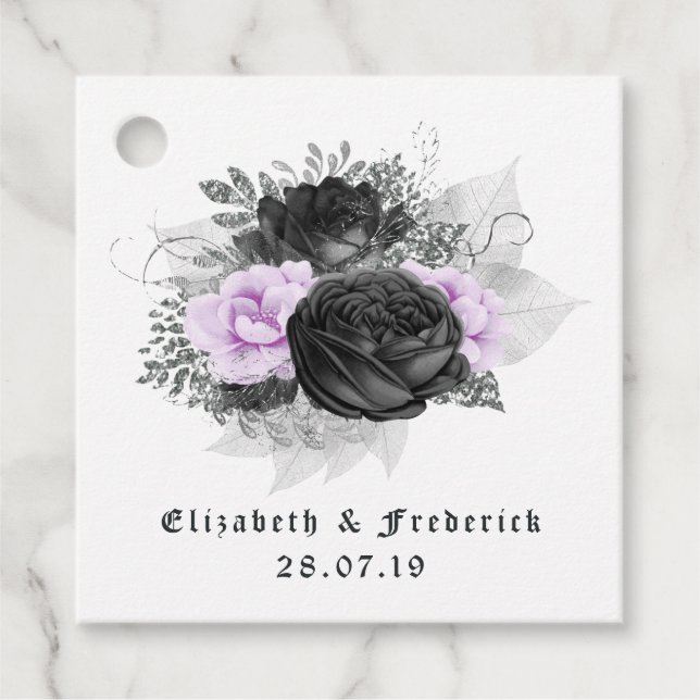 Étiquettes Cadeau Mariage gothique noir, violet et argenté (Devant)