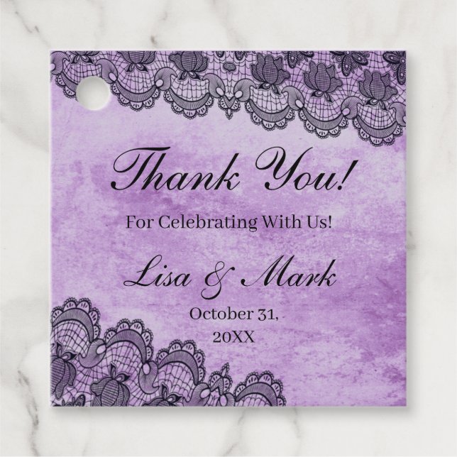 Étiquettes Cadeau Mariage gothique violet de dentelle noire (Devant)