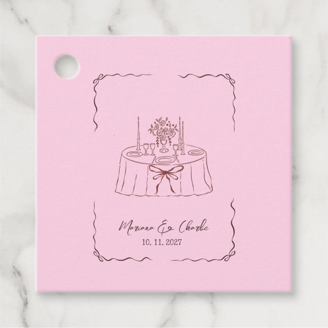 Étiquettes Cadeau *Mariage Illustré à la Main Fantaisiste Rose* (Devant)