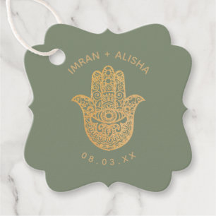 Étiquettes Cadeau Mariage indien Gold Sage Green hamsa Henné