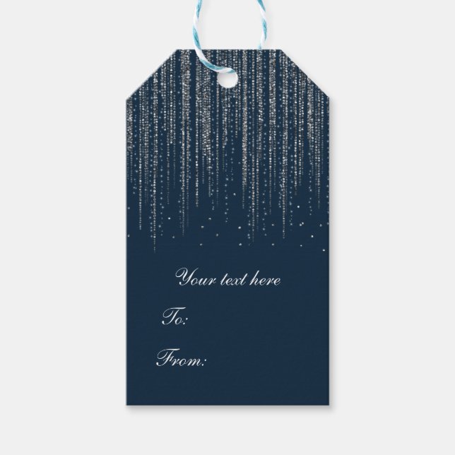 Étiquettes-cadeau Mariage lumières scintillantes bleues et argentées (Devant)