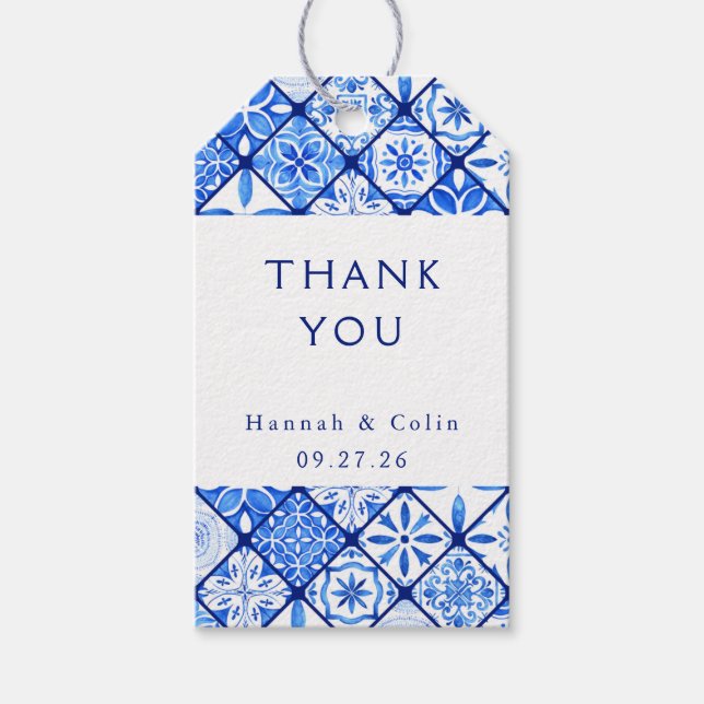 Étiquettes-cadeau Mariage méditerranéen moderne en carrelage bleu (Devant)