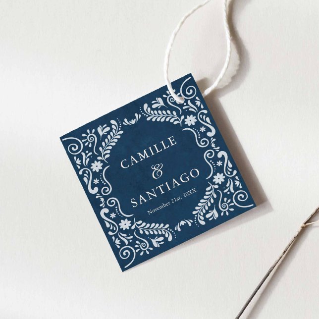 Étiquettes Cadeau Mariage mexicain Blue Talavera (Blue Talavera Mexican Wedding  Square Favor Tags)