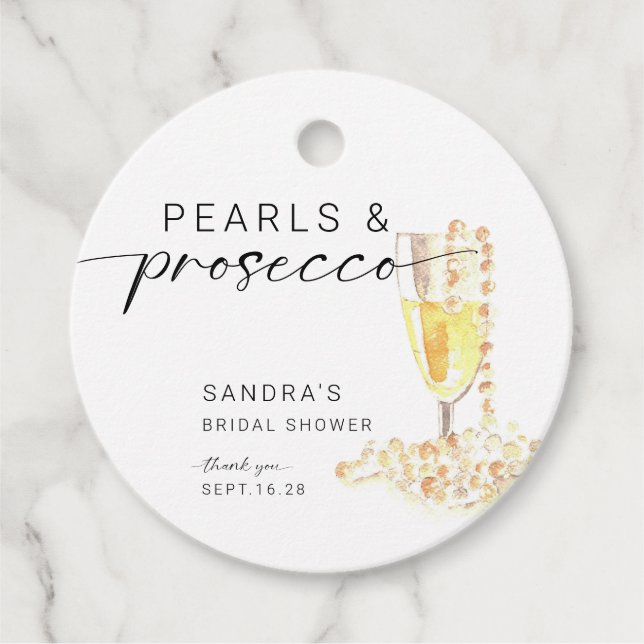 Étiquettes Cadeau Mariage minimal personnalisé perles et Prosecco  (Devant)