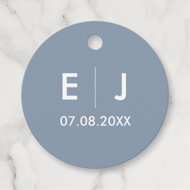 Étiquettes Cadeau Mariage monogramme bleu et blanc Dusty (Devant)