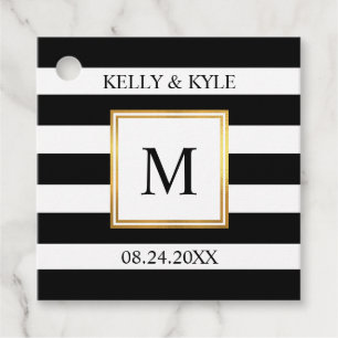 Étiquettes Cadeau Mariage Monogramme de trame or noir blanc rayures