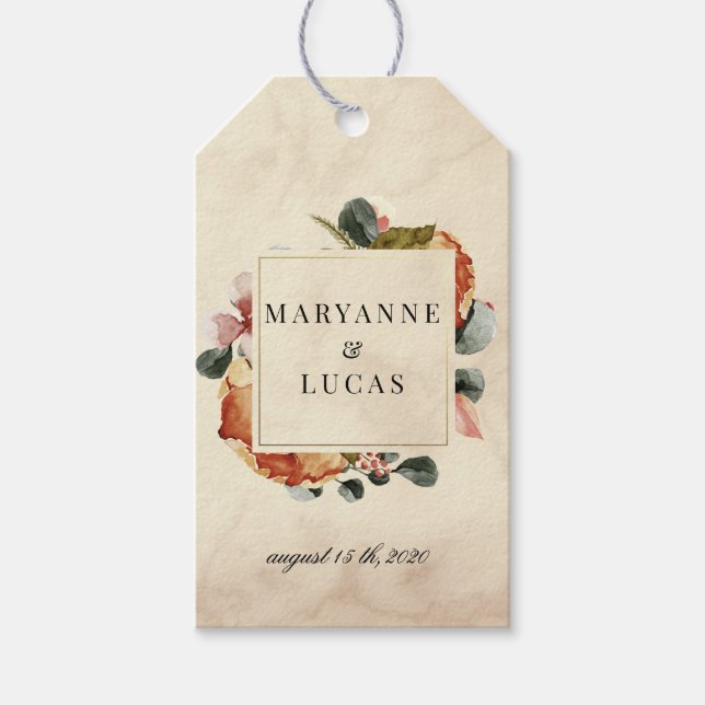 Étiquettes-cadeau mariage monogramme du feuillage d'aquarelle d'auto (Devant)