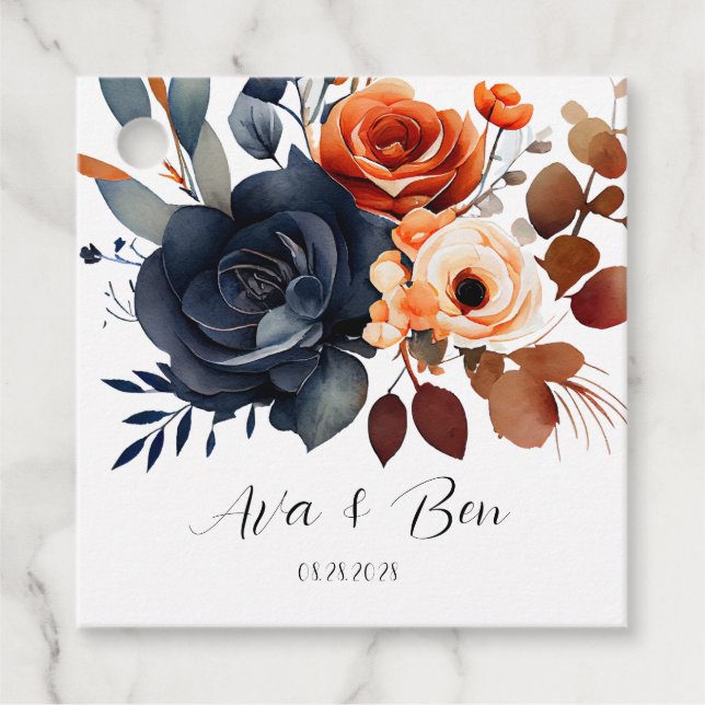 Étiquettes Cadeau Mariage Navy Blue and Orange Peony (Devant)