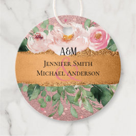 Étiquettes Cadeau Mariage Pailleté Métalisé Rose Gold avec Feuilles 