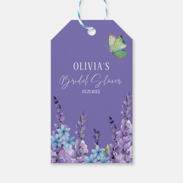Étiquettes-cadeau Mariage papillon floral violet Shower  (Devant)