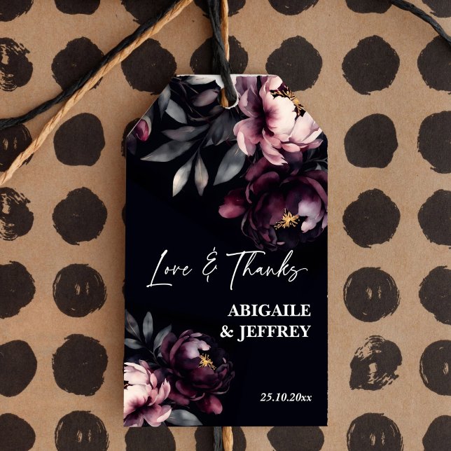Étiquettes-cadeau Mariage privilégie les pivoines de l'humour foncé  (Wedding favors dark moody burgundy peonies personalized favor gift tags thank you tags love & thanks)