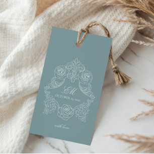 Étiquettes-cadeau Mariage Régence Bleu Poussiéreux Monogramme de Crê