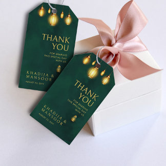 Étiquettes-cadeau Mariage Remerciements Lumières Or Vert Émeraude Ro