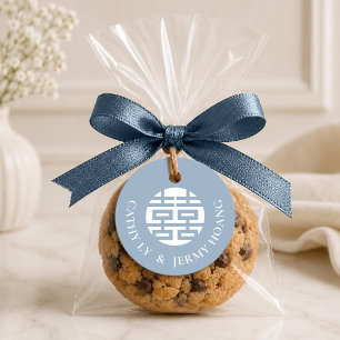 Étiquettes Cadeau Mariage Rond Double Bonheur Bleu Poussiéreux