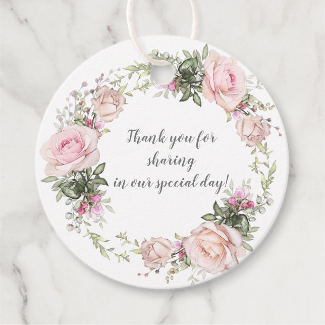 Étiquettes Cadeau Mariage rond Wreath Blush Sweethethee | (Devant)