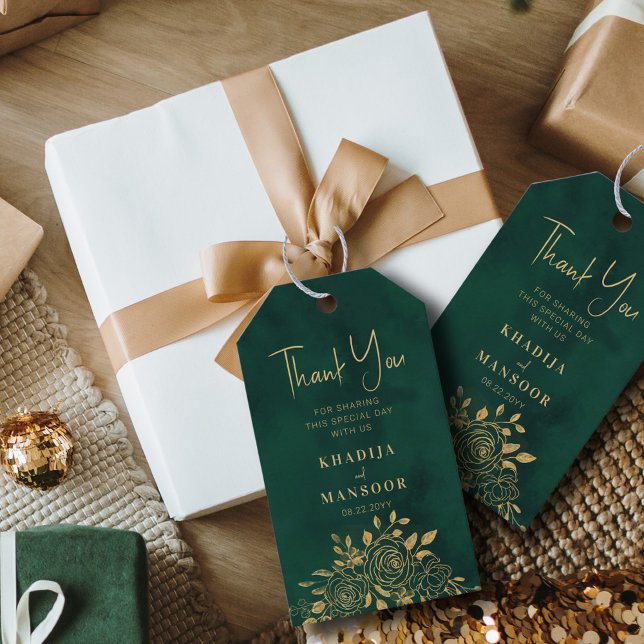 Étiquettes-cadeau Mariage Royal Émeraude Vert Or Floral Merci (Créateur téléchargé)
