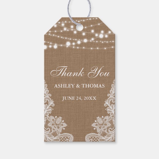Étiquettes-cadeau Mariage Russe Burlap Chaîne Lumières Dentelle Merc (Devant)