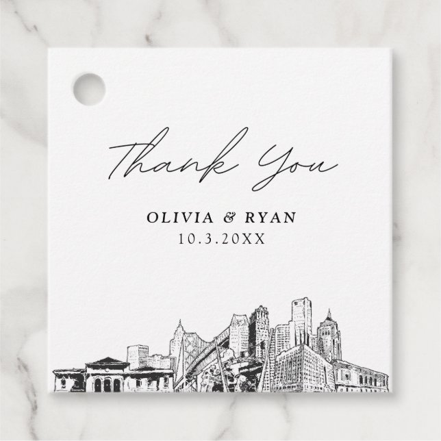 Étiquettes Cadeau Mariage sur la skyline de Détroit (Devant)