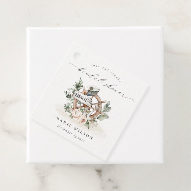 Étiquettes Cadeau Mariage Thème Nautique Fleurie avec Roue d'Ancre (En situation)