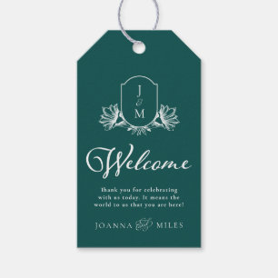 Étiquettes-cadeau Mariage Turquoise foncé Monogram Crest Bienvenue