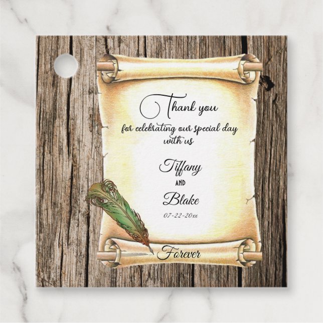 Étiquettes Cadeau Mariage unique de défilement et de plume (Devant)