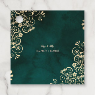Étiquettes Cadeau Mariage Vert Émeraude Tourbillons Dorés 