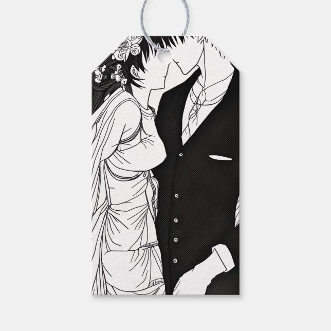 Étiquettes-cadeau Mariée et fille d'Anime noir et blanc (Devant)