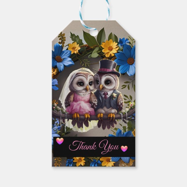 Étiquettes-cadeau Mariée & Mari Owl - Merci  (Devant)
