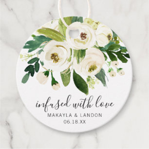 Étiquettes Cadeau Mariés Élégants Fleuris Blancs Imbibés d'Amour