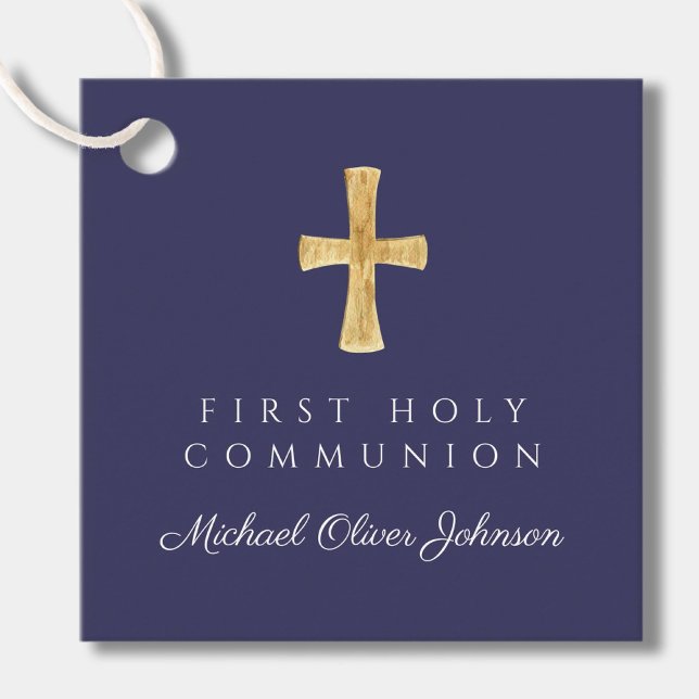 Étiquettes Cadeau Marine Bleu Script Croix Boy Première communion (Navy Blue Script Cross Boy First Communion Favor Tags)