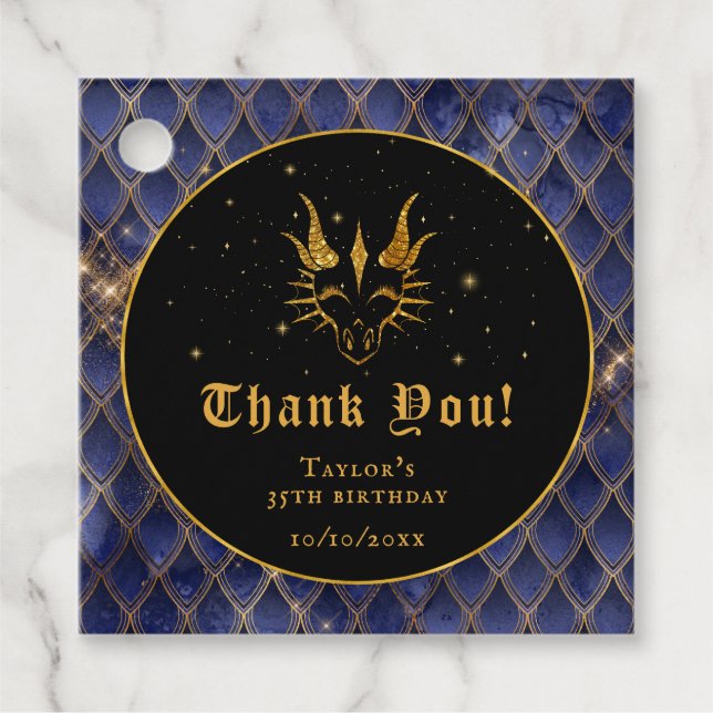 Étiquettes Cadeau Marine Blue Dragon Scales Or Anniversaire Merci (Devant)