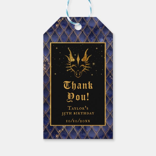 Étiquettes-cadeau Marine Blue Dragon Scales Or Anniversaire Merci (Devant)