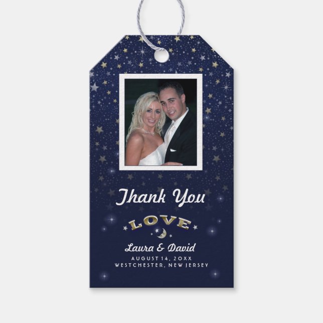 Étiquettes-cadeau Marine Blue Moon & Stars LOVE Mariage Photo person (Devant)