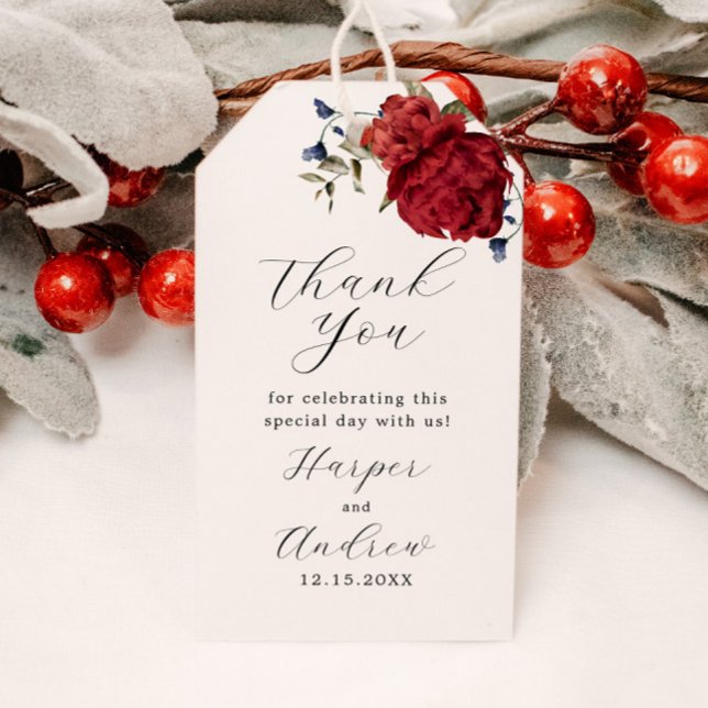 Étiquettes-cadeau Marine Bourgogne Mariage Floral Merci (Créateur téléchargé)