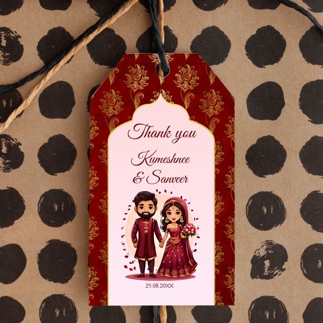 Étiquettes-cadeau Maroon et or mignon couple de mariée indienne préf (Maroon and gold cute Indian wedding cute bridal couple thank you favor Gift Tags Hindu favors)