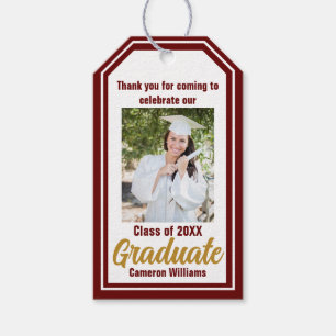 Étiquettes-cadeau Maroon Gold Graduate Photo sur mesure Graduation