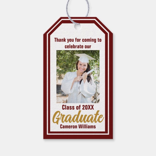 Étiquettes-cadeau Maroon Gold Graduate Photo sur mesure Graduation (Devant)