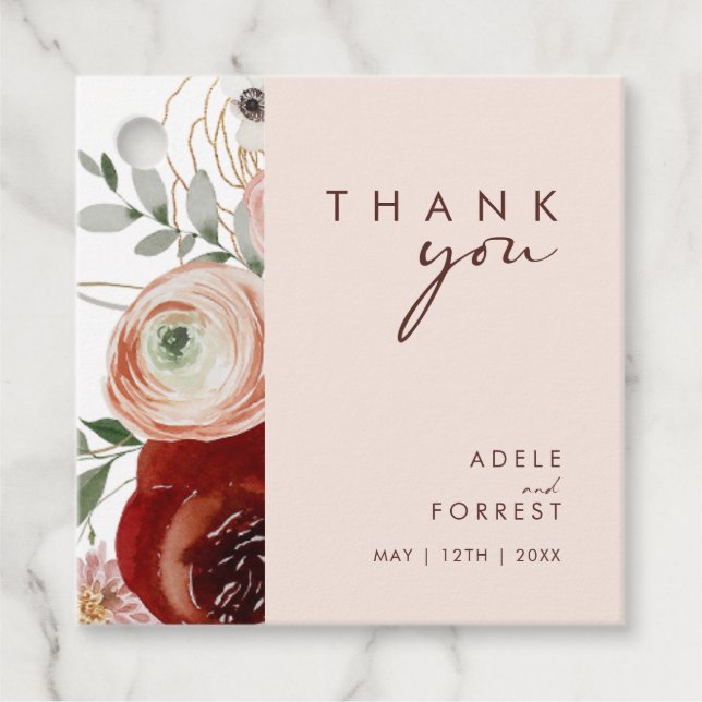 Étiquettes Cadeau Marsala Autumn Floral | Merci blanc (Devant)